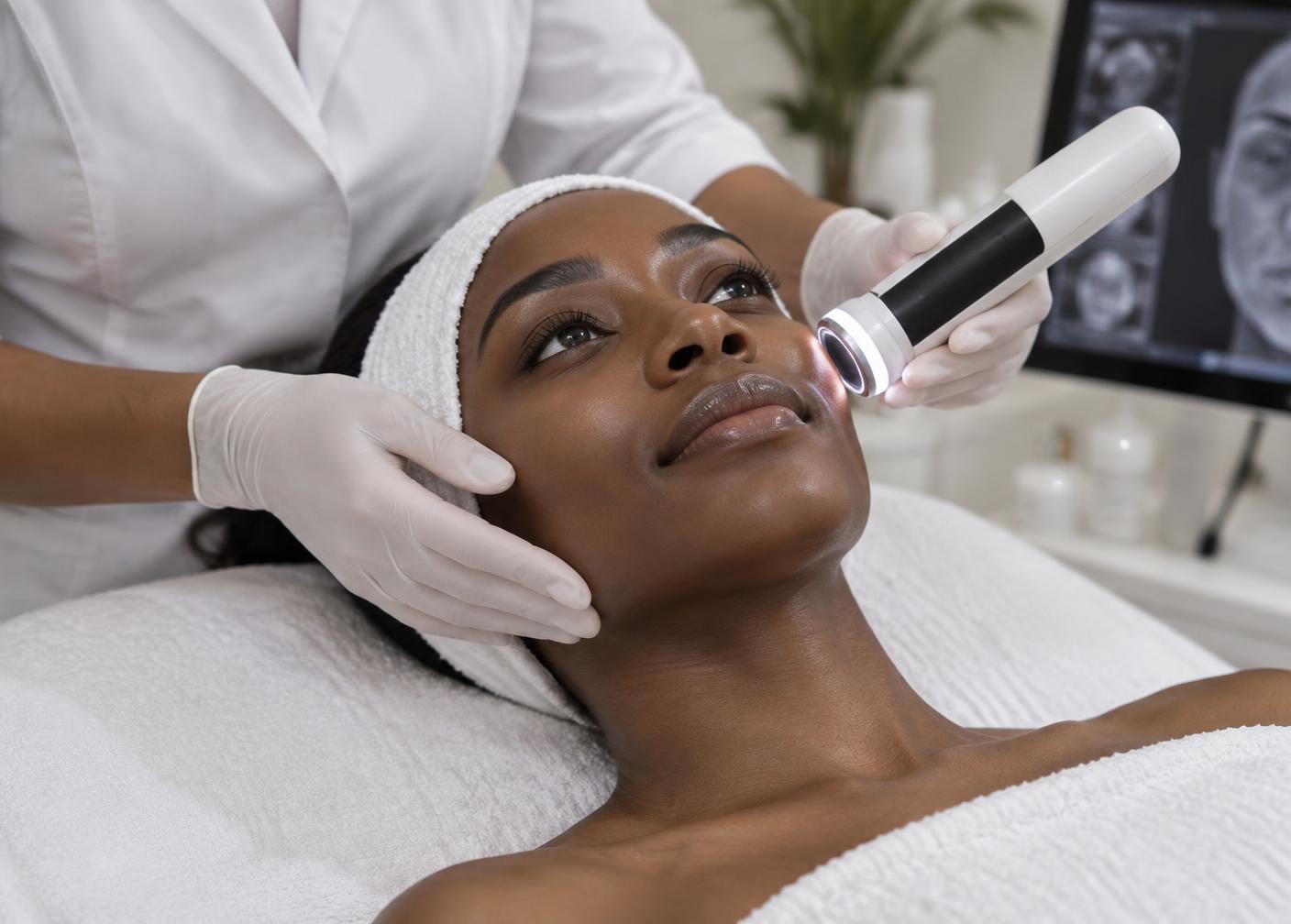 Skin analysis being performed on a client with deep brown skin