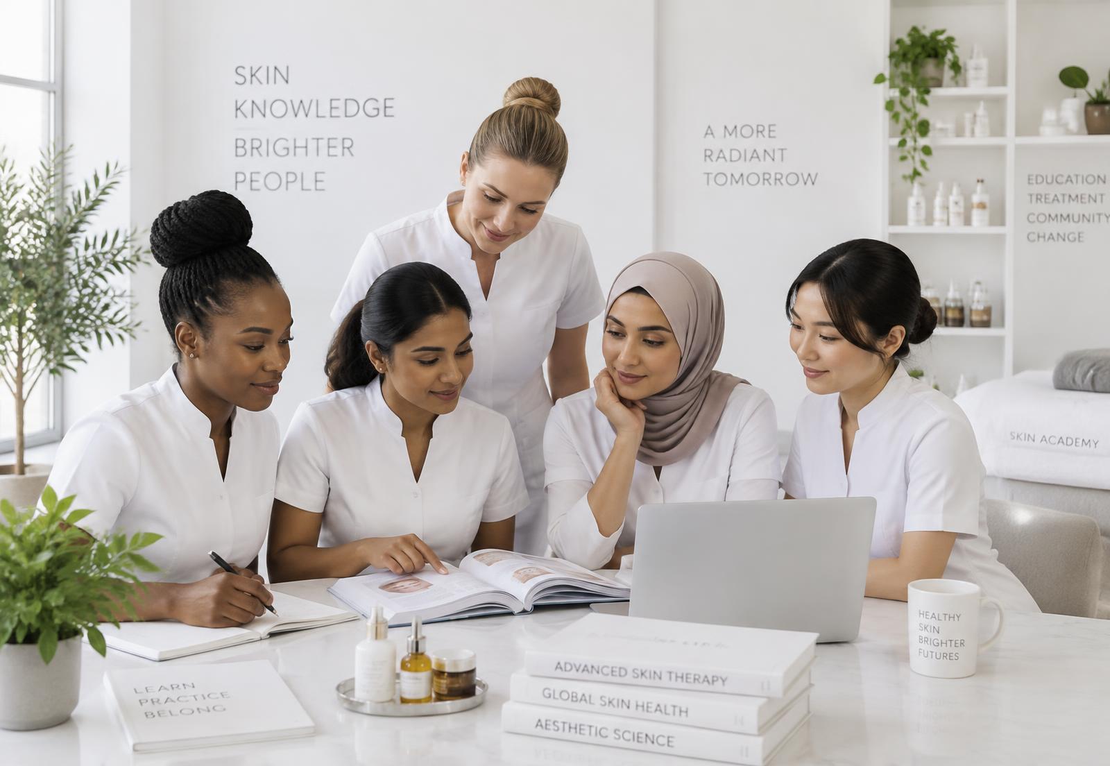 Diverse professional skin therapists studying at the academy